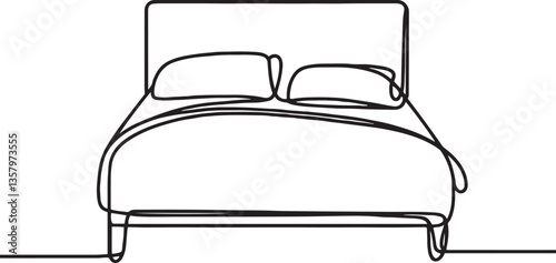 Minimalist line art of bed with headboard and pillows in simple design