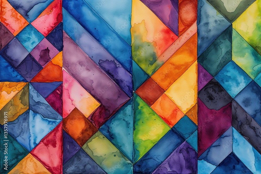 Fototapeta premium Bright Geometric Watercolor Border with Colorful Shades and Creative Textures on Canvas