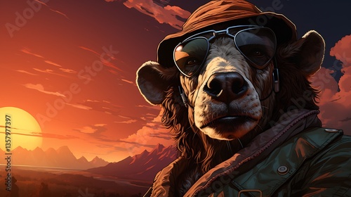 Cow aviator sunglasses smirking while sitting in a convertible colorful 80s synthwave sunset background ultra detailed photorealistic