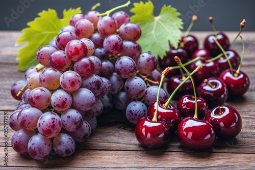 A luscious bunch of red grapes and ripe cherries, a vibrant still life celebrating the bounty of summer harvest on a rustic wooden table with warm lighting. photo
