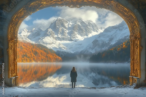 A woman stands before a mountainous lake view within a golden archway