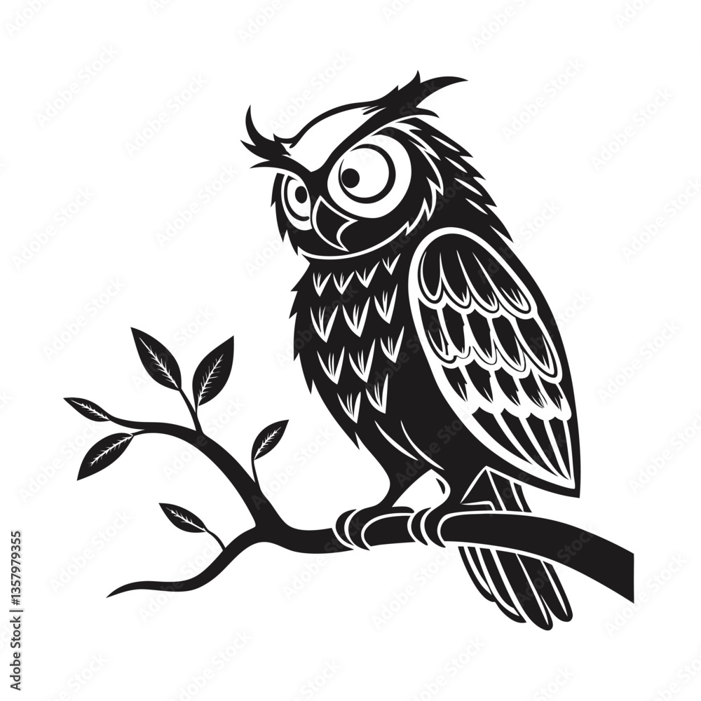 Fototapeta premium Owl Sitting on a Branch - Black and White Vector Illustration