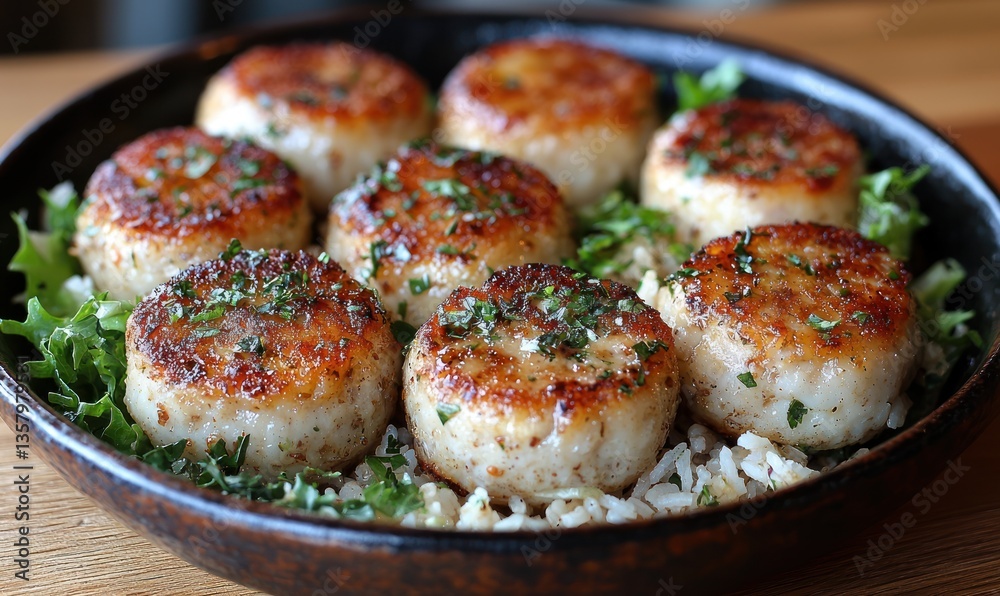 Pan-seared scallops served on a bed of rice with fresh herbs Pan-seared scallops served on a bed of rice with fresh herbs