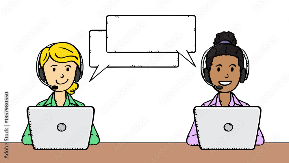 There are speech bubbles next to their heads. Illustration of female employees sitting at laptops. The characters are working on laptops and wearing headphones with microphones. There are speech bubbles next to their heads. Illustration of female employees sitting at laptops. The characters are working on laptops and wearing headphones with microphones.