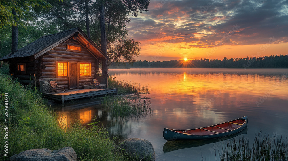 Fototapeta premium Sunset over serene lakeside cabin with canoe
