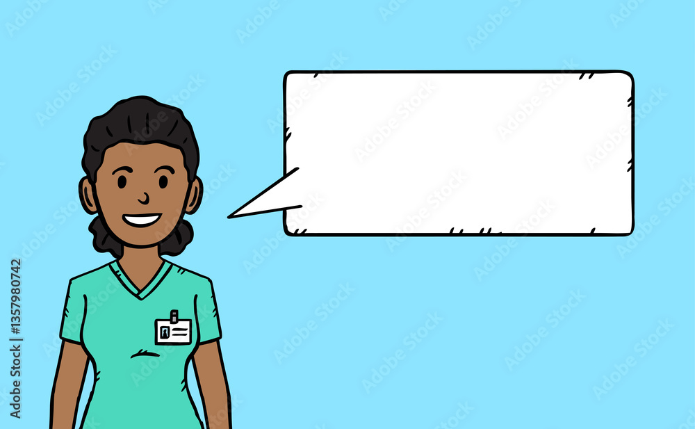 Nurse in uniform. African american ethnic. The woman is smiling. There is a comic speech bubble with space for text next to her face. Hand drawn illustration. Nurse in uniform. African american ethnic. The woman is smiling. There is a comic speech bubble with space for text next to her face. Hand drawn illustration.