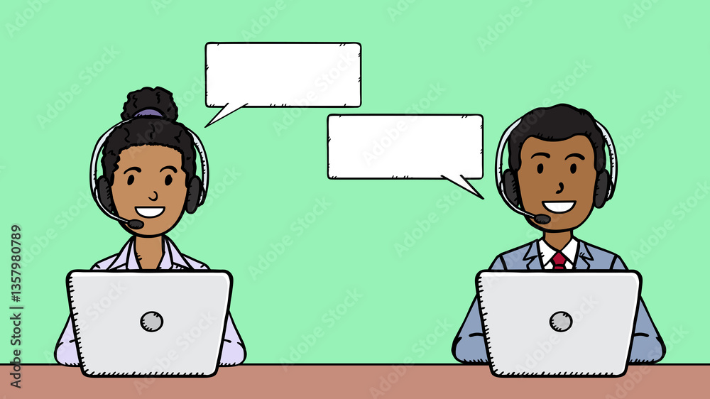 Customer support african american woman and man with headset working on laptop. There are speech bubbles with space for text next to the characters. Hand drawn graphics. Customer support african american woman and man with headset working on laptop. There are speech bubbles with space for text next to the characters. Hand drawn graphics.