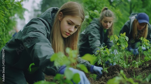 Group of young volunteers teenagers planting trees in a park. Green environment, hope for the future.