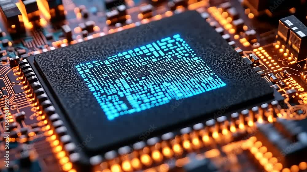 Close-up of a glowing microprocessor on a circuit board, showcasing intricate details and electronic components