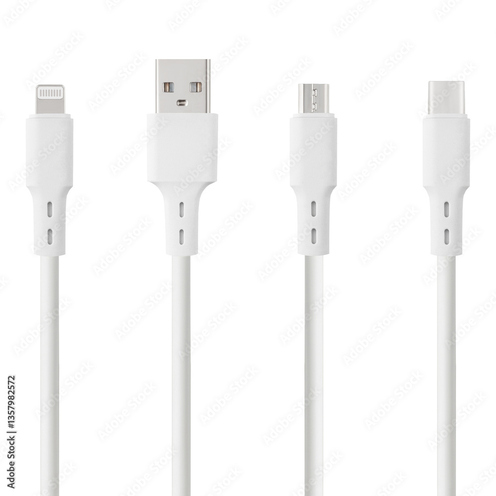 white cable for charging and synchronization with Type - C, USB, Micro USB, Lightning connectors on a white isolated background close-up