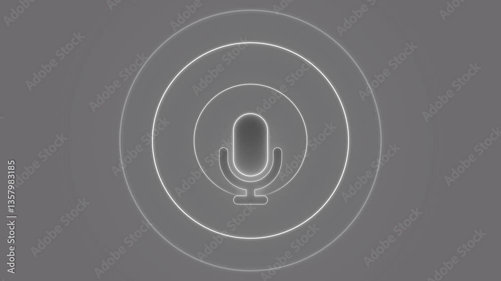 Glowing red neon microphone animation, A glowing neon microphone icon surrounded by concentric circles on a gray background Glowing red neon microphone animation, A glowing neon microphone icon surrounded by concentric circles on a gray background