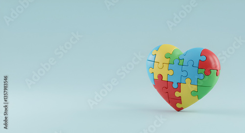3D render of an autism color heart to celebrate autism awareness day on a pastel light blue background