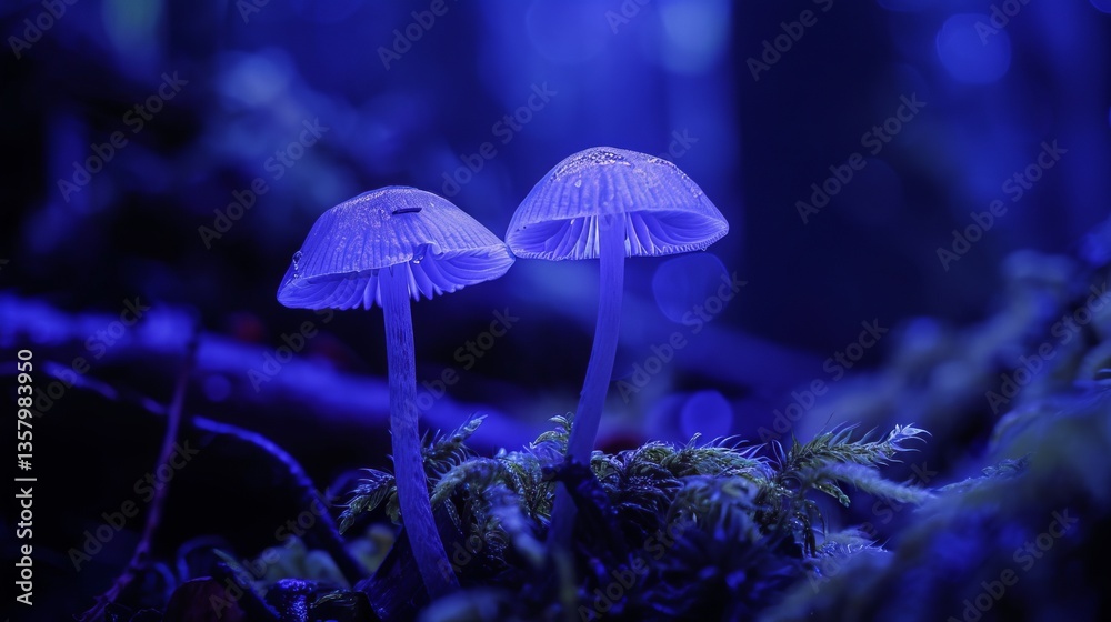 Fototapeta premium Enchanted Blue Mushrooms: Fantasy Forest Macro Photography