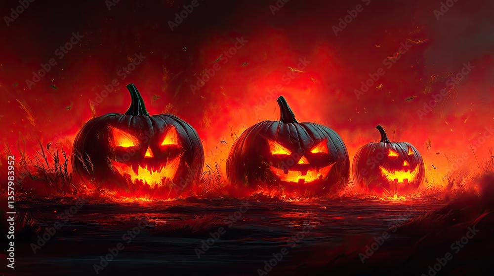 Fototapeta premium Fiery Halloween jack-o'-lanterns glow brightly in a dark field. Perfect for spooky season designs, Halloween cards, or websites.
