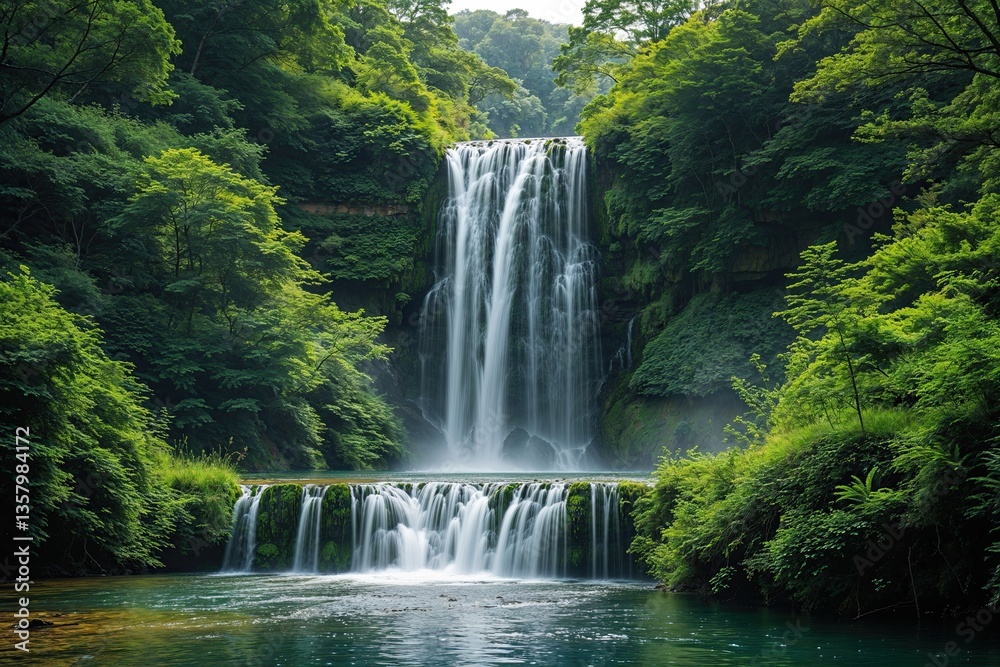 Fototapeta premium Enchanting Waterfall Cascading Through Lush Greenery in a Serene Landscape