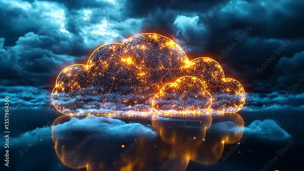 Illuminated cloud formation with glowing edges against a dramatic sky, reflecting on water surface