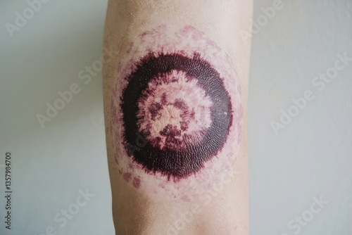 Close-up of a dark bruise on the skin, circle shape, dark purple color, injury, medical, pain, healthcare, texture detail, macro view, on fair skin