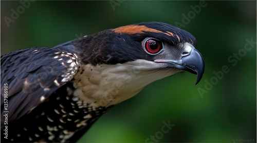 Close-up of a raptorial bird, showcasing intricate plumage patterns and sharp features