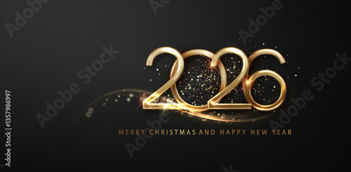 2026 New Year with golden golden ribbon. Festive Christmas banner with falling confetti on bright background. Realistic 2026 Golden 3d number