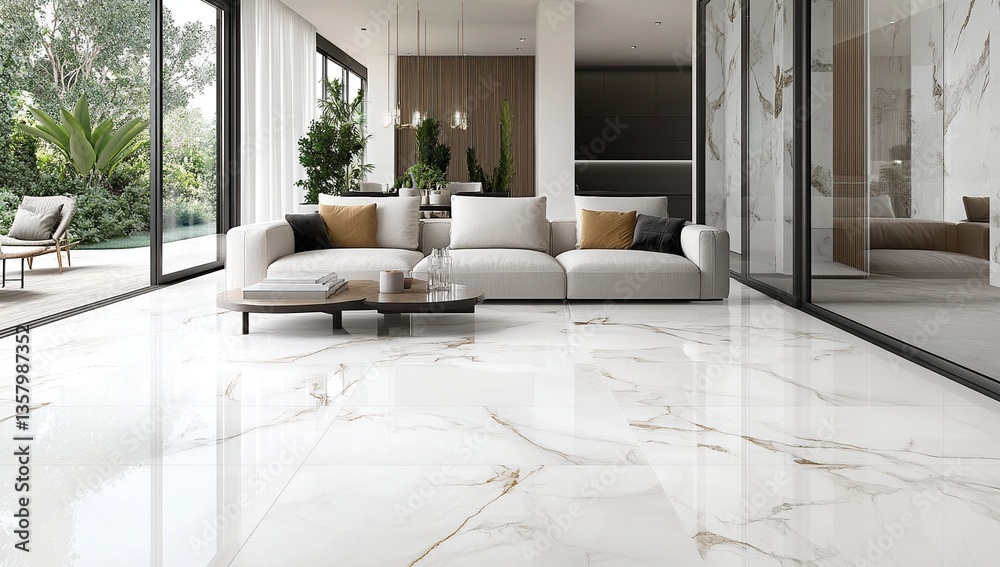 Fototapeta premium Luxury Modern Living Room Interior with White Gold Veined Marble Floor