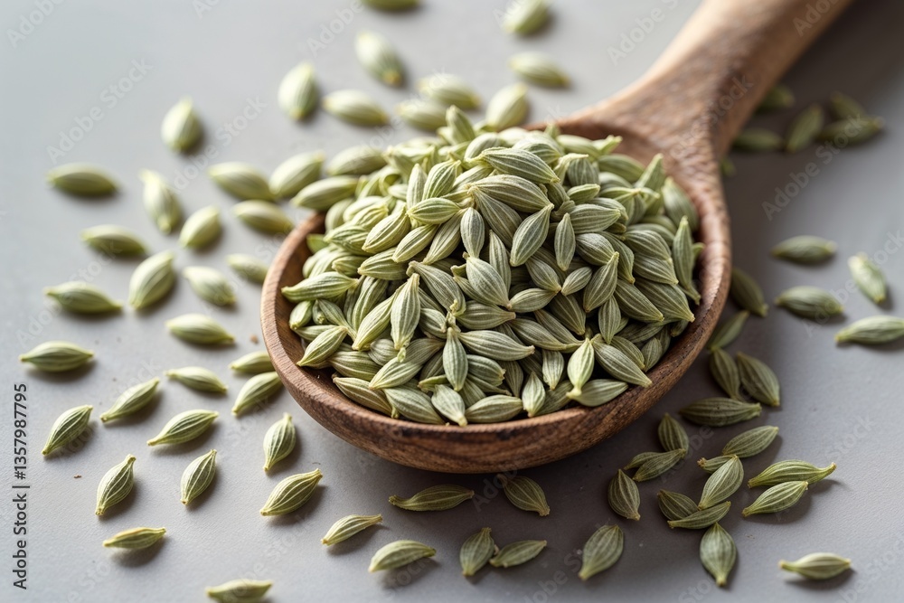 Obraz premium A rustic wooden spoon brimming with fragrant fennel seeds, a culinary treasure, scattered across a muted grey surface, bathed in soft natural light.