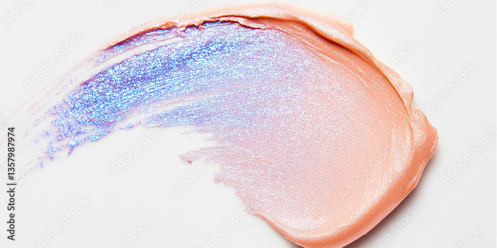 Fototapeta premium Pearlescent cream eyeshadow smudge creating a gradient of pink and purple on white background