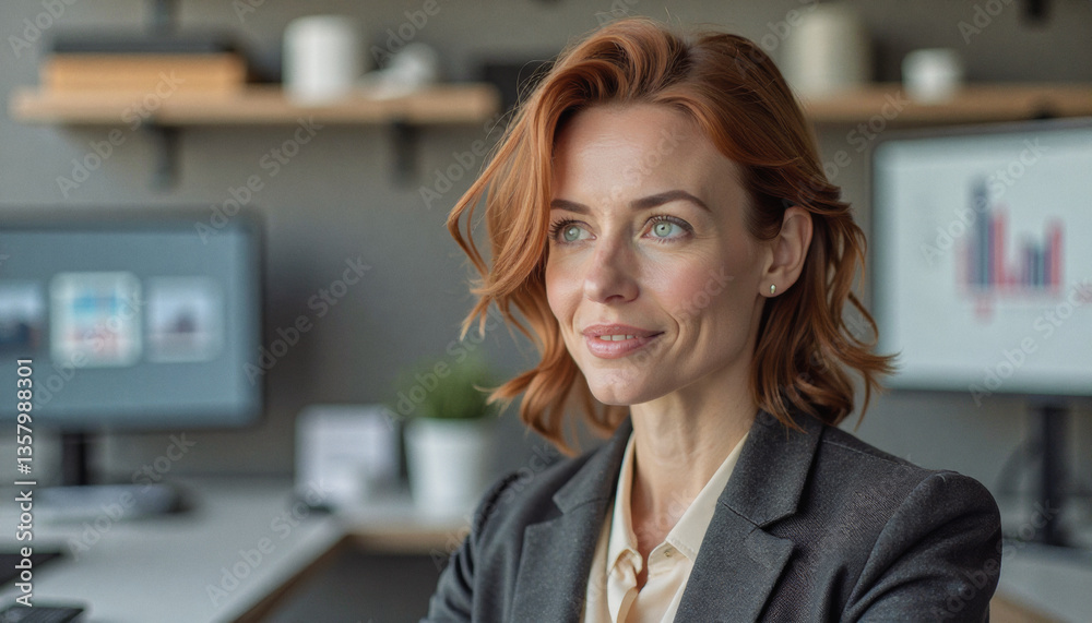 Portrait headshot photo of diverse friendly people: A confident businesswoman with red hair smiles thoughtfully while working at her desk in a modern office.