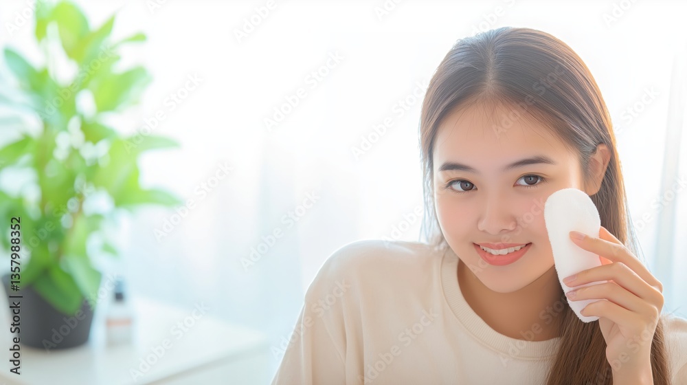 Beauty routine in a bright room with a smiling woman using a facial cleansing tool for glowing skin