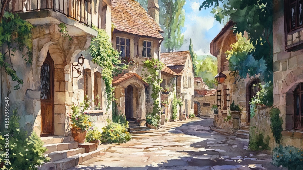 Fototapeta premium A charming European town in watercolor with streets and trees. 