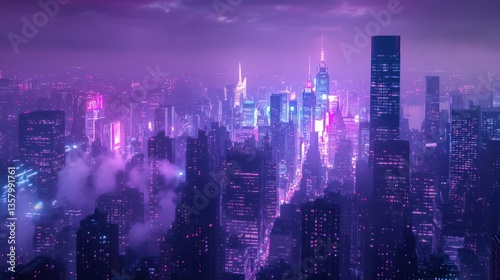 Wallpaper Mural A futuristic cityscape illuminated with vibrant purple and pink hues Torontodigital.ca