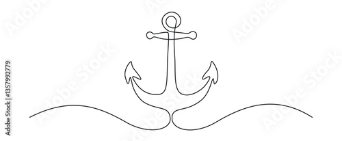 Anchor in one continuous line drawing. Nautical and navy symbol in simple linear style. Concept of ship cruise in editable stroke. Doodle vector illustration