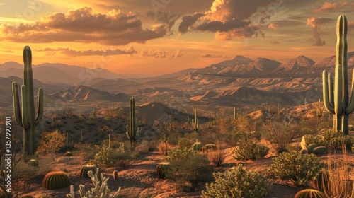 Beautiful cacti scattered all over the plateau with mountains in the background on a sunset view.