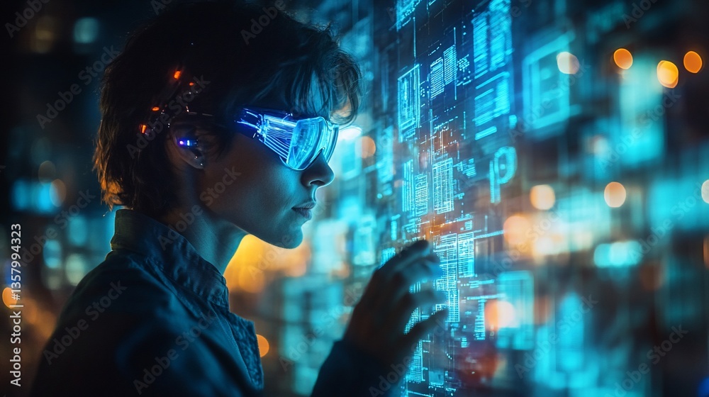 Futuristic person interacts with a holographic interface Futuristic person interacts with a holographic interface