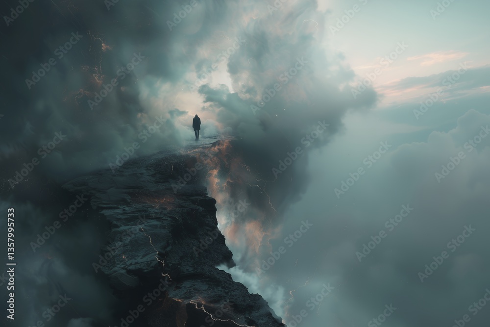 Obraz premium Person walks along a rocky edge surrounded by swirling clouds at dawn