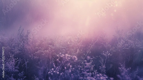 Dreamy Purple Meadow In Foggy Sunrise, Nature Background