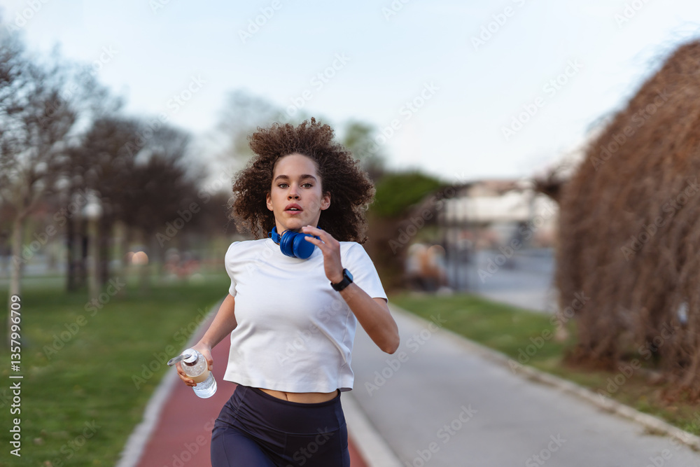 Obraz premium A young woman with curly hair jogs on an outdoor track in an urban park, holding a water bottle. She wears a white t-shirt, black leggings, and a smartwatch, with blue headphones around her neck