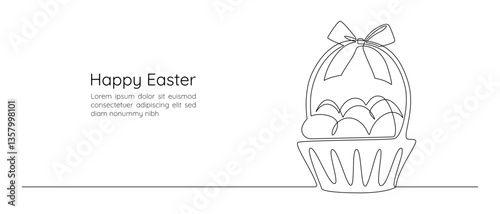 Basket with Easter eggs and bow in one continuous line drawing. Greeting banner design in simple linear style. Editable stroke. Doodle oneline vector illustration