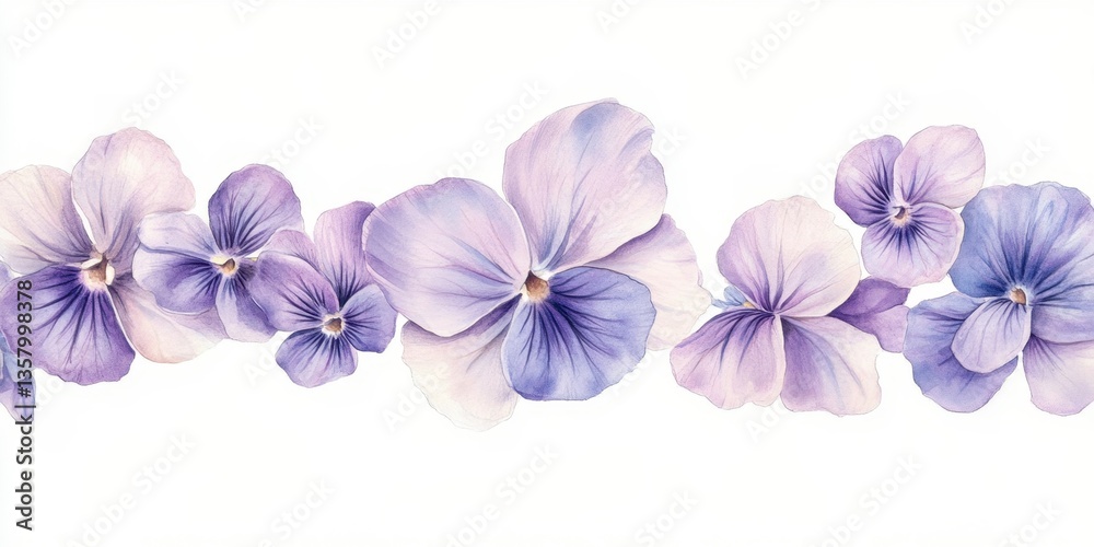 Obraz premium Purple Pansy Watercolor Border: A delicate watercolor illustration of a border of beautiful purple and white pansies. Perfect for adding a touch of elegance and charm to your design projects.