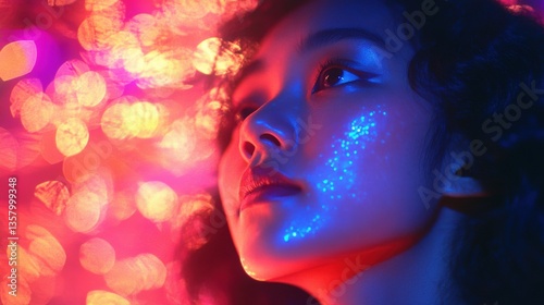 A beautiful woman gazes upwards with glowing lights nearby her