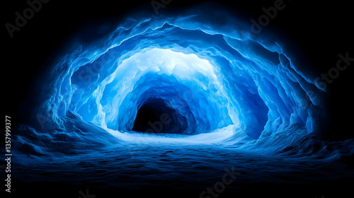 Glowing blue ice cave tunnel entrance