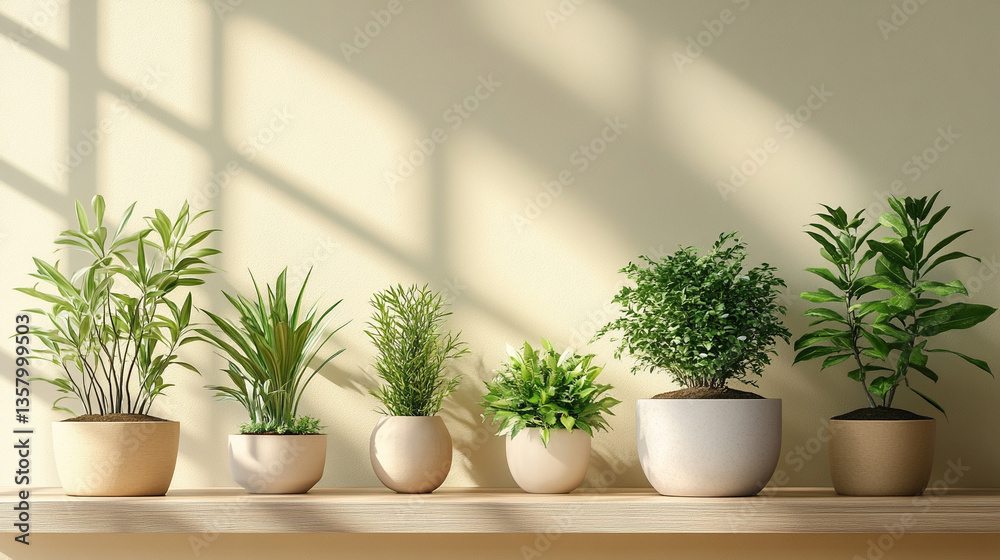 Fototapeta premium Indoor plants arranged on a wooden shelf with sunlight