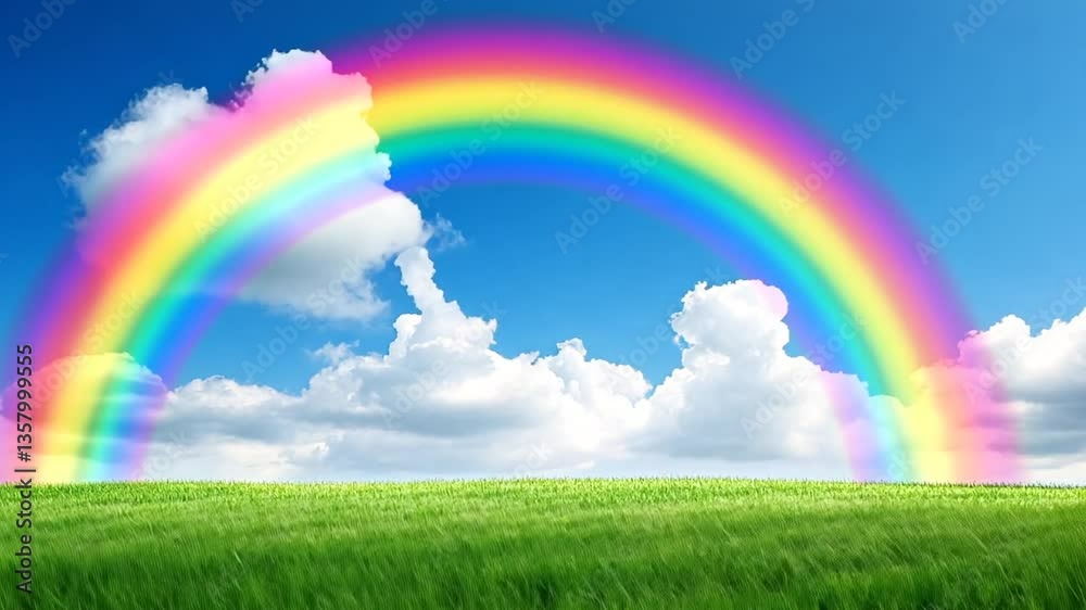 Vibrant Rainbow Arches Over Lush Meadow and Fluffy Clouds Sky View Vibrant Rainbow Arches Over Lush Meadow and Fluffy Clouds Sky View