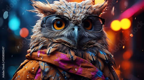 Owl thick nerd glasses smirking like its the smartest bird in the room colorful bokeh background ultra detailed photorealistic