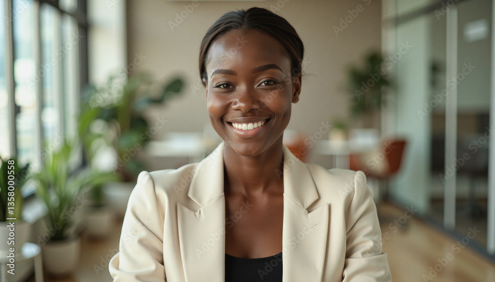Portrait headshot photo of diverse friendly people: A confident businesswoman smiles directly at the camera in a modern office setting. Portrait headshot photo of diverse friendly people: A confident businesswoman smiles directly at the camera in a modern office setting.