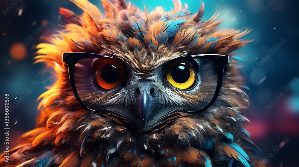 Owl thick nerd glasses smirking like its the smartest bird in the room colorful bokeh background ultra detailed photorealistic Owl thick nerd glasses smirking like its the smartest bird in the room colorful bokeh background ultra detailed photorealistic