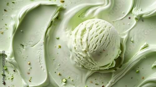 Close-up of a scoop of vanilla green pistachio ice cream with a smooth texture and rich, melting swirls. Delicious frozen dessert perfect for summer, ice cream parlor background