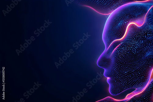 Glowing digital face profile, abstract data visualization
