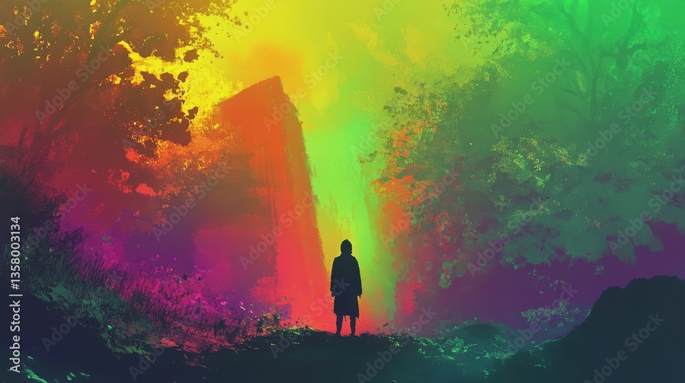 Fototapeta premium A lone figure stands before a vibrant rainbow colored landscape