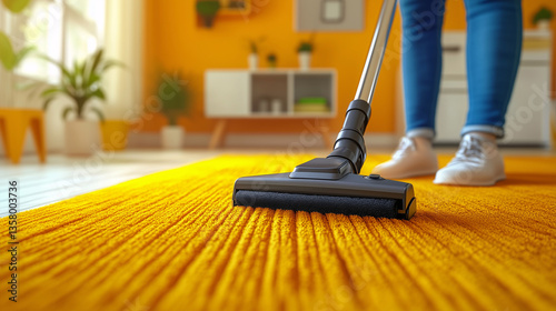 Wallpaper Mural Cleaning Yellow Carpet Person Vacuuming with Modern Cordless Vacuum Cleaner Torontodigital.ca