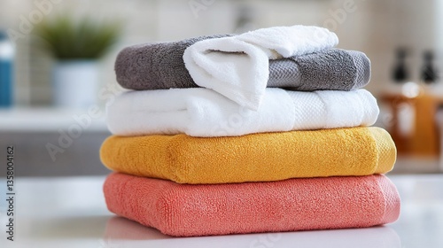 Freshly laundered clean towels stacked neatly a vibrant spa setting on a white countertop isolated on a white background